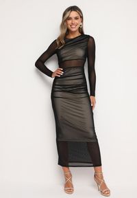 Born2be - Czarno-Beżowa Dopasowana Sukienka Maxi z Siateczki Stolisse. Okazja: na imprezę. Kolor: czarny. Materiał: wiskoza. Typ sukienki: proste. Styl: klasyczny, elegancki. Długość: maxi #1