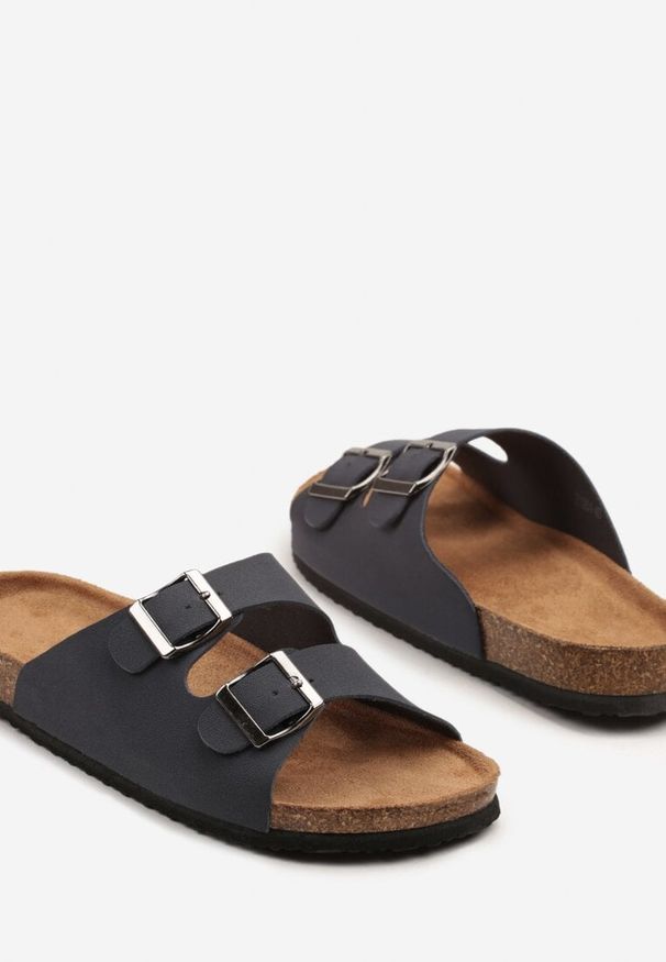 Born2be - Niebieskie Klapki na Korkowej Podeszwie z Klamrami Tellisia. Okazja: na spacer, na co dzień. Kolor: niebieski. Materiał: len. Sezon: lato. Styl: casual