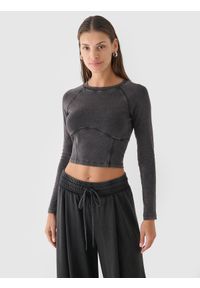 4f - 4F Longsleeve cropped gładki damski - czarny M. Okazja: na co dzień. Kolor: czarny. Materiał: jersey, elastan, dzianina, bawełna, materiał. Długość rękawa: długi rękaw. Długość: długie. Wzór: gładki. Styl: sportowy, casual