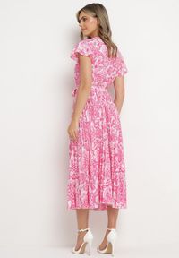 Born2be - Różowa Sukienka z Kopertowym Dekoltem z Gumką w Talii i Materiałowym Paskiem Xelovia. Okazja: na co dzień. Kolor: różowy. Materiał: materiał. Typ sukienki: kopertowe. Styl: elegancki, casual #3