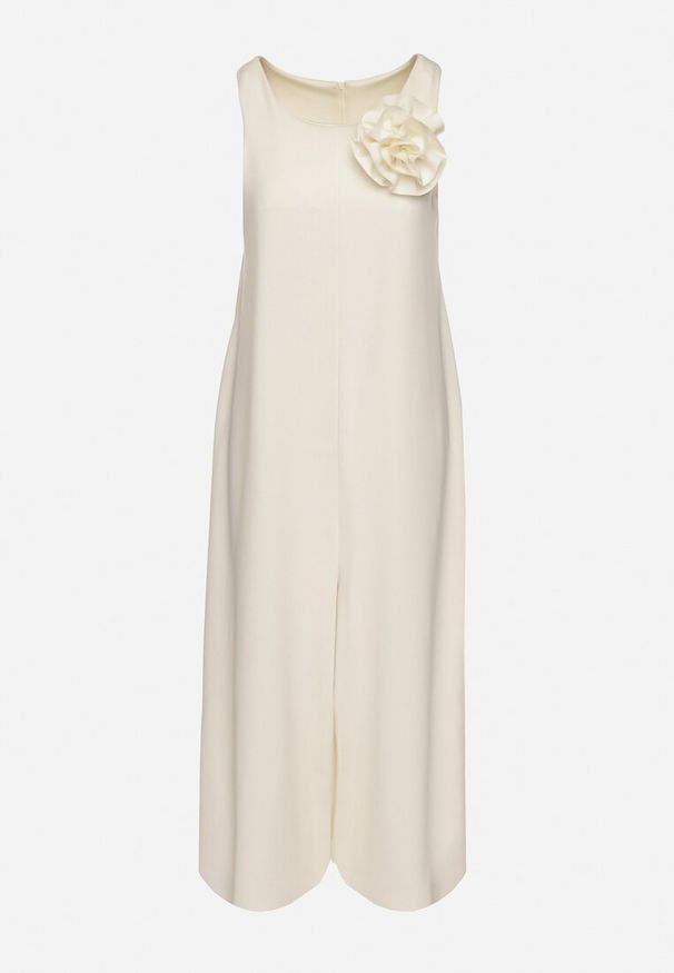 Born2be - Jasnobeżowy Kombinezon z Wiskozą i Broszką Kwiatu 3D Odellira. Okazja: na co dzień. Kolor: beżowy. Materiał: wiskoza. Wzór: kwiaty. Styl: elegancki, casual