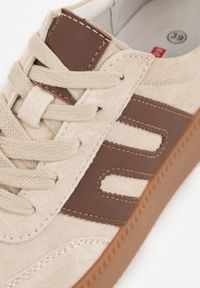 Born2be - Beżowe Skórzane Sneakersy na Kauczukowej Podeszwie z Geometrycznym Motywem Shytyse. Kolor: beżowy. Materiał: kauczuk, skóra. Wzór: geometria #9