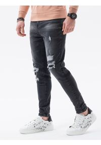 Ombre Clothing - Spodnie męskie jeansowe z dziurami SLIM FIT P1078 - czarne - XXL. Kolor: czarny. Materiał: jeans