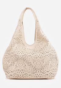 Renee - Beżowa Ażurowa Torebka o Fasonie Hobo z Dodatkową Saszetką Kallenis. Kolor: beżowy. Wzór: ażurowy. Dodatki: z haftem. Styl: elegancki, boho. Rodzaj torebki: na ramię #1