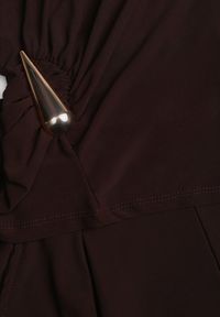 Renee - Brązowy Elegancki Komplet Spodnie Wide Leg i Bluzka z Poduszkami w Ramionach Sewinea. Kolor: brązowy. Wzór: aplikacja #7