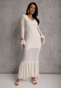 Renee - Beżowa Wieczorowa Sukienka z Koronki Zdobiona Falbanami Lunetra. Typ kołnierza: dekolt w kształcie V. Kolor: beżowy. Materiał: koronka. Wzór: aplikacja, koronka. Styl: wizytowy #4