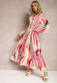 Renee - Różowo-Zielona Rozkloszowana Sukienka z Gumką w Talii i Akwarelowym Wzorem Kasille. Kolor: różowy