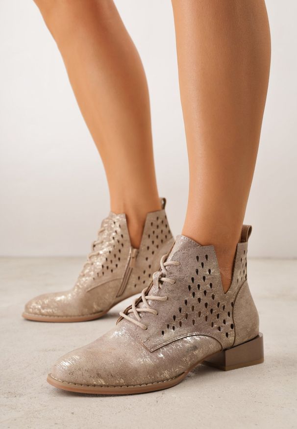 Born2be - Jasnobrązowe Ażurowe Botki ze Skórzaną Wkładką z Wycięciem Nanalitia. Okazja: na co dzień. Zapięcie: sznurówki. Kolor: brązowy. Wzór: ażurowy. Materiał: skóra. Sezon: wiosna, lato. Obcas: na obcasie. Styl: casual, klasyczny, elegancki. Wysokość obcasa: średni