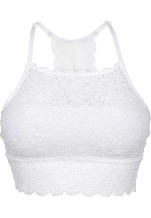 bonprix - Biustonosz bustier bez fiszbinów. Kolor: biały. Materiał: koronka. Wzór: koronka