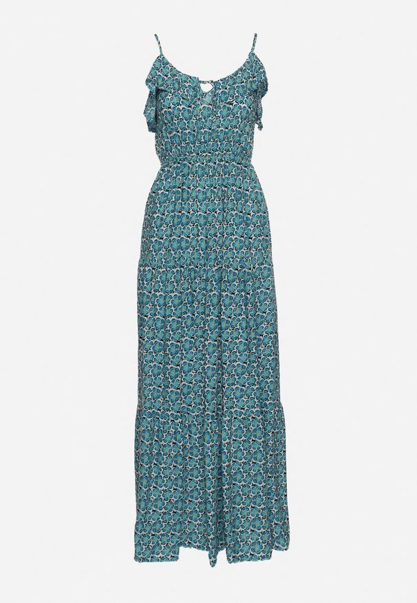 Born2be - Niebieska Wiskozowa Sukienka na Regulowanych Ramiączkach z Wiązaniem przy Dekolcie Srinesa. Okazja: na co dzień. Kolor: niebieski. Materiał: wiskoza. Długość rękawa: na ramiączkach. Sezon: wiosna, lato. Typ sukienki: proste. Styl: casual, elegancki