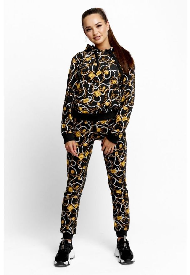 MOSCHINO Bluza damska z kapturem w złote łańcuchy. Typ kołnierza: kaptur. Kolor: czarny. Materiał: prążkowany