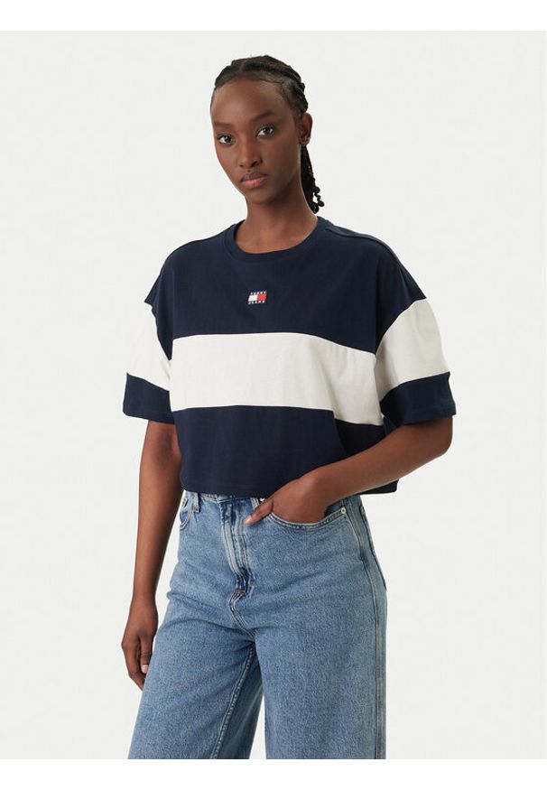 Tommy Jeans T-Shirt Badge Colour-Blocked DW0DW18706 Granatowy Oversize. Kolor: niebieski. Materiał: bawełna