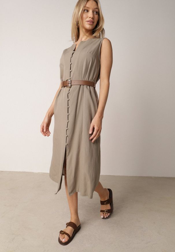 Born2be - Zielona Taliowana Sukienka z Bawełną i Wiskozą Ozdobiona Paskiem Luven. Okazja: na co dzień. Kolor: zielony. Materiał: wiskoza, bawełna. Wzór: aplikacja. Typ sukienki: proste. Styl: elegancki, casual