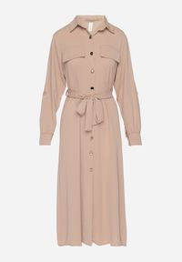 Born2be - Beżowa Koszulowa Sukienka z Podpinanymi Rękawami i Dodatkowym Wiązanym Paskiem Ivandria. Okazja: na co dzień. Kolor: beżowy. Typ sukienki: koszulowe. Styl: klasyczny, casual #3