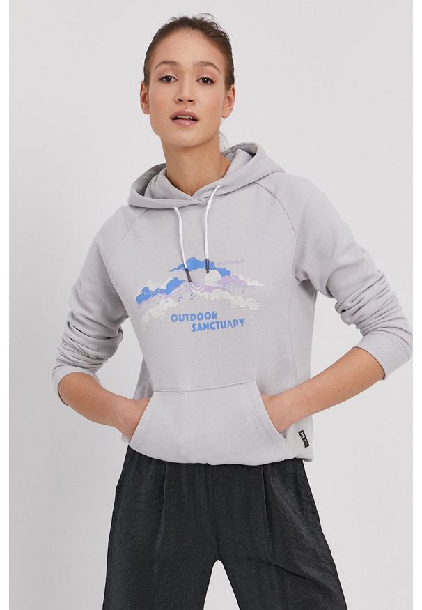 Helly Hansen Bluza damska kolor szary z kapturem z nadrukiem. Okazja: na co dzień. Typ kołnierza: kaptur. Kolor: szary. Materiał: bawełna. Długość rękawa: długi rękaw. Długość: długie. Wzór: nadruk. Styl: casual