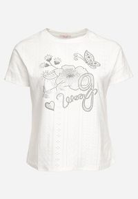 Born2be - Biały Ażurowy T-shirt z Bawełną Ozdobiony Cyrkoniami Deviana. Okazja: na co dzień. Kolor: biały. Materiał: bawełna. Wzór: ażurowy, aplikacja. Sezon: lato. Styl: casual, elegancki, wizytowy #3