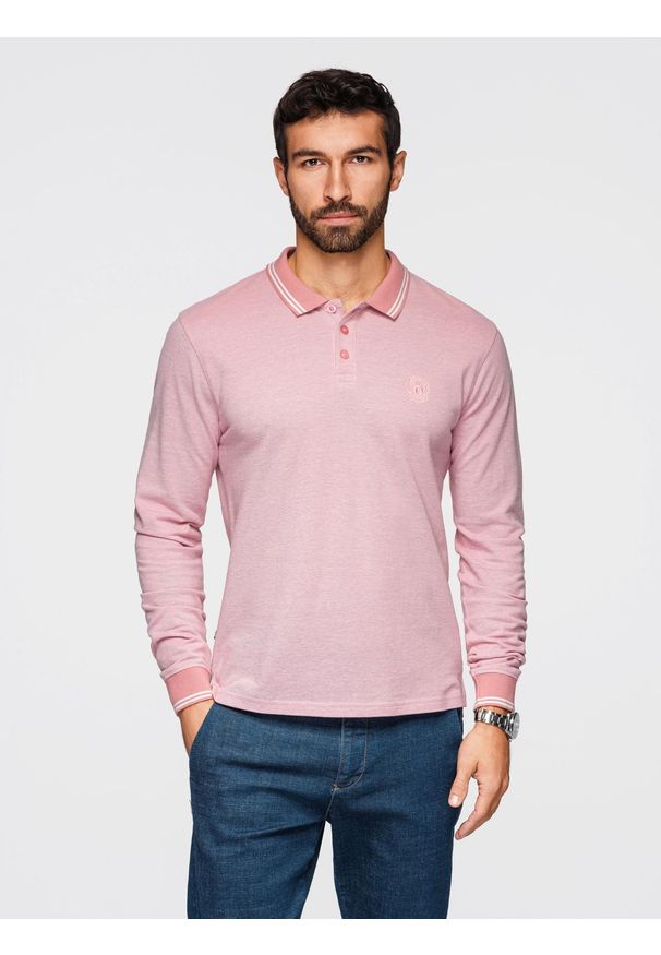 Ombre Clothing - Męski melanżowy longsleeve polo z haftem – różowy melanż V2 - Rozmiar: S. Okazja: na co dzień. Typ kołnierza: polo. Kolor: różowy. Materiał: dzianina, bawełna. Długość rękawa: długi rękaw. Długość: długie. Wzór: melanż, haft. Styl: casual, klasyczny, sportowy