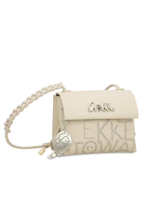 Beżowa Elegancka Torebka Damska Anekke Edycja Limitowana. Kolor: beżowy. Wzór: napisy, aplikacja. Dodatki: z breloczkiem, z aplikacjami. Materiał: skórzane. Styl: elegancki. Rodzaj torebki: na ramię