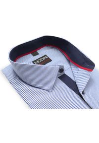 Modini - Biało-niebieska koszula męska w prążki Y57. Kolor: biały, wielokolorowy, niebieski. Materiał: bawełna, poliester, tkanina. Wzór: prążki #1