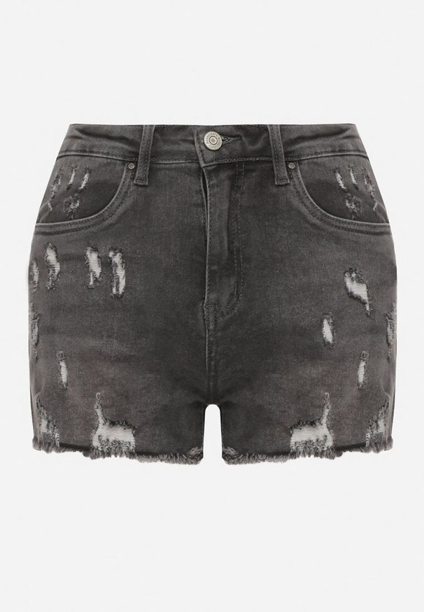 Born2be - Ciemnoszare Szorty Jeansowe z Wysokim Stanem i Przetarciami Vimarinae. Okazja: na co dzień. Stan: podwyższony. Kolor: szary. Materiał: jeans. Styl: klasyczny, casual