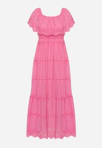 Born2be - Różowa Sukienka Hiszpanka z Gumką w Pasie Ozdobiona Falbanką Lievana. Okazja: na co dzień. Typ kołnierza: dekolt hiszpanka. Kolor: różowy. Materiał: jeans, materiał. Długość rękawa: krótki rękaw. Wzór: aplikacja. Styl: casual, elegancki #6