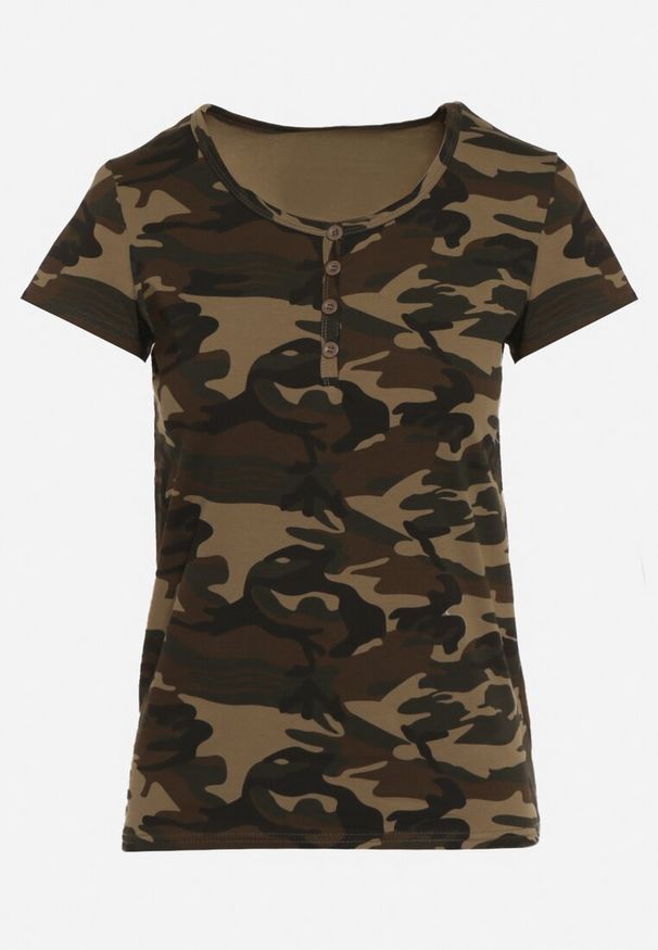Born2be - Ciemnozielony Bawełniany T-shirt w Moro Navaria. Okazja: na co dzień. Kolor: zielony. Materiał: bawełna. Wzór: moro. Styl: casual, militarny