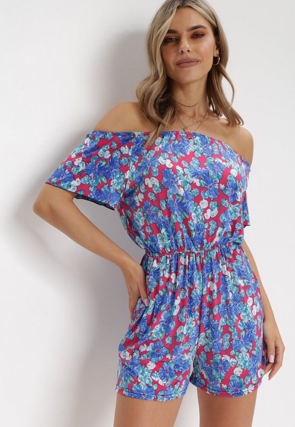Born2be - Niebiesko-Czerwoni Kombinezon w Kwiaty z Hiszpańskim Dekoltem i Gumką w Talii Eleanodora. Kolor: niebieski. Długość: krótkie. Wzór: kwiaty. Sezon: lato