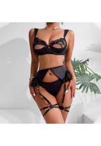 Intica - Komplet bielizny czteroczęściowy z koronką i złotymi akcentami Goranka. Kolor: czarny. Materiał: koronka. Wzór: koronka #4