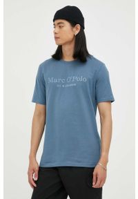Marc O'Polo t-shirt bawełniany kolor granatowy z nadrukiem. Typ kołnierza: polo. Kolor: niebieski. Materiał: bawełna. Wzór: nadruk #1