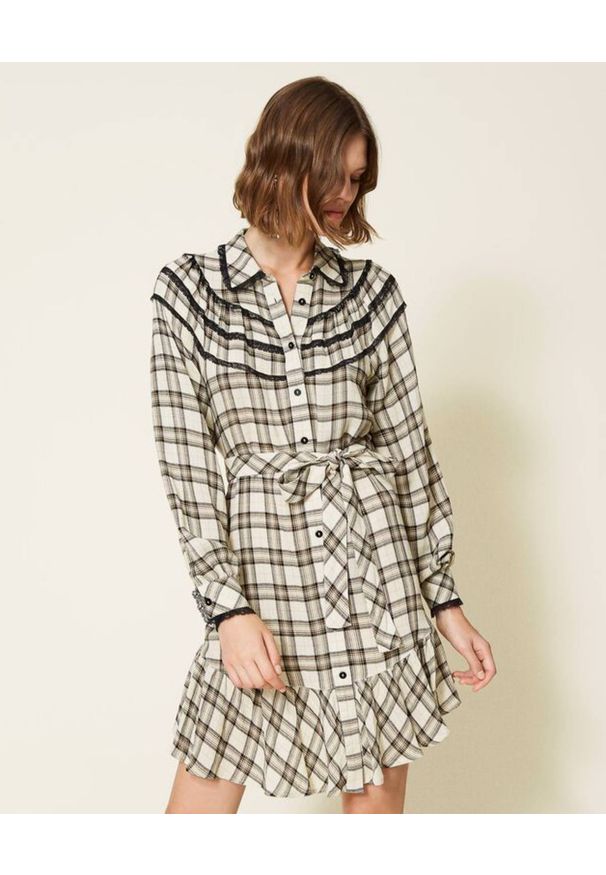 TwinSet - TWINSET - Krótka sukienka koszulowa w kratę. Kolor: beżowy. Materiał: wełna, tkanina, koronka, wiskoza. Wzór: koronka. Typ sukienki: koszulowe. Długość: mini