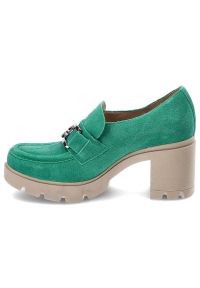 Zielone Półbuty Lemar Damskie Eleganckie Buty. Zapięcie: klamry. Kolor: zielony. Materiał: zamsz. Obcas: na obcasie. Styl: elegancki. Wysokość obcasa: średni #4