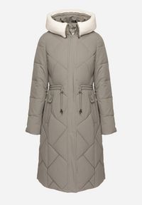 Born2be - Ciemnozielona Pikowana Kurtka z Kapturem i Ozdobnym Kołnierzem Ściągana w Pasie Ellarisa. Typ kołnierza: kaptur. Kolor: zielony. Materiał: jeans, wełna. Styl: elegancki #3