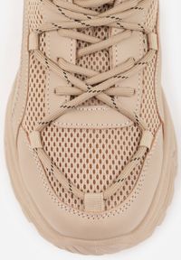 Born2be - Ciemnobeżowe Sneakersy na Tłoczonej Podeszwie z Ozdobnym Sznurowaniem i Wstawkami z Siateczki Xerxia. Kolor: beżowy #5
