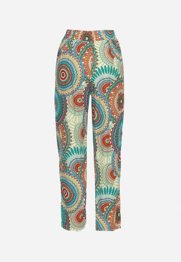 Born2be - Zielone Bawełniane Spodnie o Szerokim Kroju z Wysokim Stanem ze Wzorem Boho Zarrive. Okazja: na co dzień. Stan: podwyższony. Kolor: zielony. Materiał: bawełna. Styl: boho