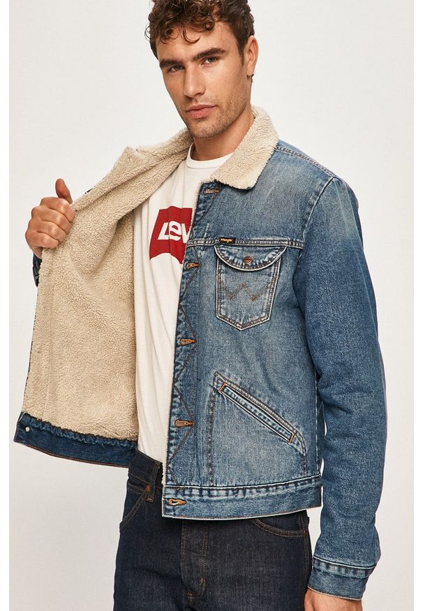 Wrangler - Kurtka jeansowa. Kolor: niebieski. Materiał: jeans. Wzór: gładki