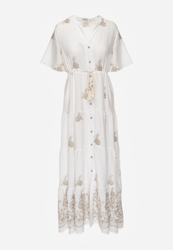 Renee - Biała Rozkloszowana Sukienka Boho z Wiskozy Zdobiona Haftem i Wiązaniem Falvania. Okazja: na co dzień, na randkę. Typ kołnierza: dekolt w kształcie V. Kolor: biały. Materiał: wiskoza. Wzór: aplikacja, haft. Styl: boho