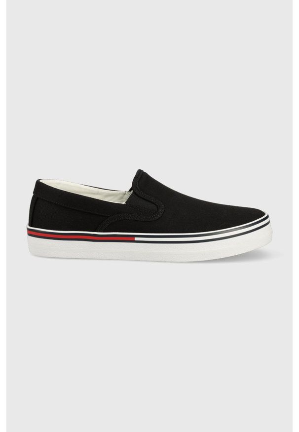 Tommy Jeans tenisówki damskie kolor czarny. Nosek buta: okrągły. Kolor: czarny. Materiał: guma, bawełna. Szerokość cholewki: normalna