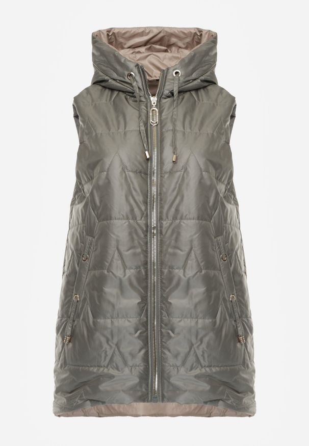 Born2be - Zielona Kamizelka z Nieodpinanym Kapturem i Geometrycznym Pikowaniem Kalousa. Okazja: na co dzień. Kolor: zielony. Materiał: jeans, dresówka. Długość rękawa: długi rękaw. Wzór: geometria. Styl: casual, klasyczny