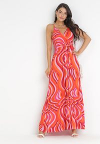 Born2be - Pomarańczowa Wiskozowa Sukienka Maxi na Ramiączkach z Gumką i Paskiem w Talii Annanise. Kolor: pomarańczowy. Materiał: wiskoza. Długość rękawa: na ramiączkach. Typ sukienki: kopertowe. Długość: maxi #1