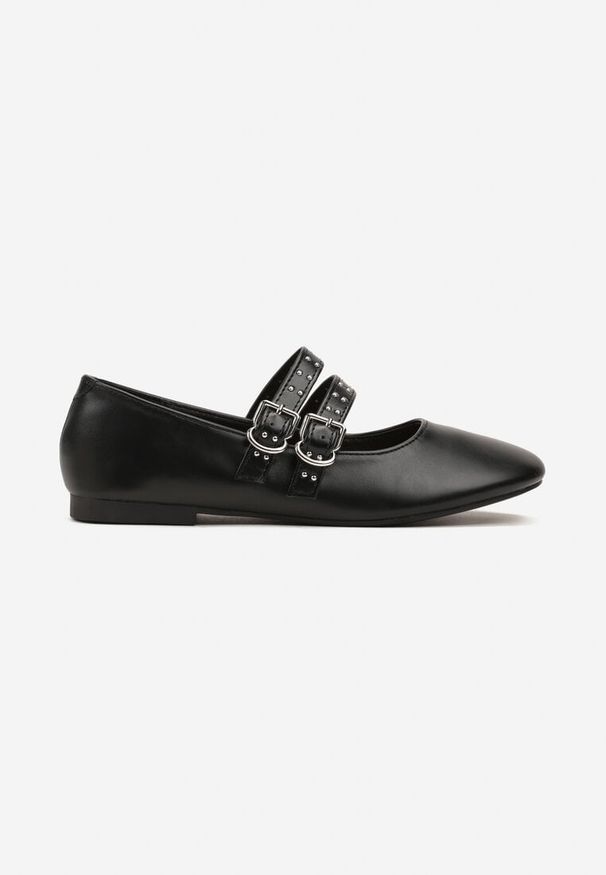 Renee - Czarne Balerinki Vices w Rockowym Stylu z Paskami i Sprzączkami Kikirae. Okazja: na co dzień. Zapięcie: pasek. Kolor: czarny. Materiał: skóra, jeans. Wzór: aplikacja. Styl: rockowy