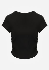 Renee - Czarny Dopasowany T-shirt z Marszczeniem z Bawełnianej Tkaniny w Prążki Assarena. Okazja: na co dzień. Kolor: czarny. Materiał: tkanina, bawełna. Wzór: prążki. Styl: elegancki, casual #5