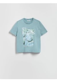 Reserved - T-shirt z nadrukiem - jasnoturkusowy. Kolor: turkusowy. Materiał: bawełna, dzianina. Wzór: nadruk