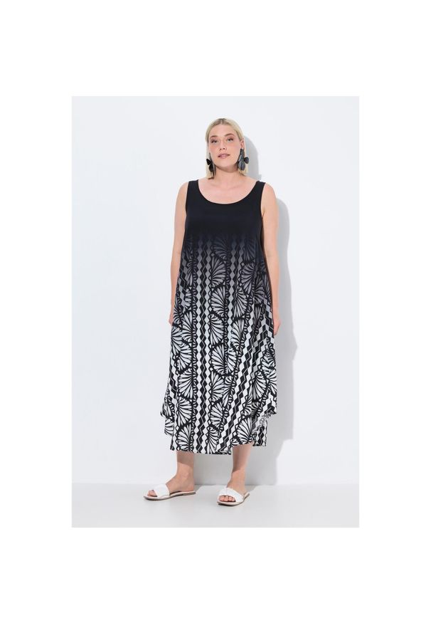 ULLA POPKEN - Damskie Sukienka midi muszle krój trapezowy okrągły dekolt bez rękawów. Kolekcja: plus size. Kolor: czarny. Materiał: wiskoza, materiał. Długość rękawa: bez rękawów. Typ sukienki: trapezowe. Styl: sportowy. Długość: midi