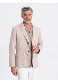 Ombre Clothing - Męska marynarka o kroju REGULAR z lnem - jasnobeżowa V2. Okazja: do pracy. Kolor: beżowy. Materiał: len. Wzór: aplikacja. Styl: klasyczny, elegancki #9
