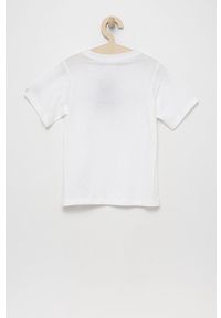 Champion t-shirt bawełniany dziecięcy kolor biały. Kolor: biały. Materiał: bawełna. Długość rękawa: krótki rękaw. Długość: krótkie. Wzór: aplikacja