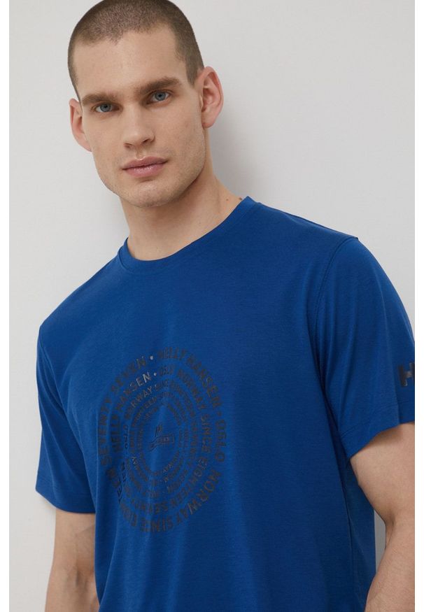 Helly Hansen t-shirt męski z nadrukiem. Kolor: niebieski. Materiał: materiał. Wzór: nadruk