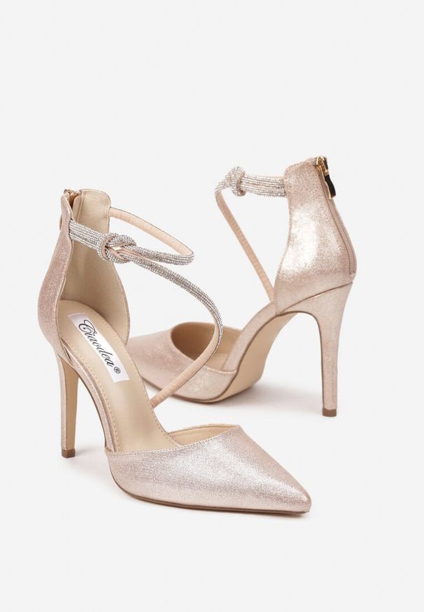 Renee - Szampańskie Eleganckie Szpilki z Cyrkoniowymi Paskami Alennia. Zapięcie: pasek. Kolor: złoty. Materiał: jeans. Obcas: na szpilce. Styl: elegancki. Wysokość obcasa: średni