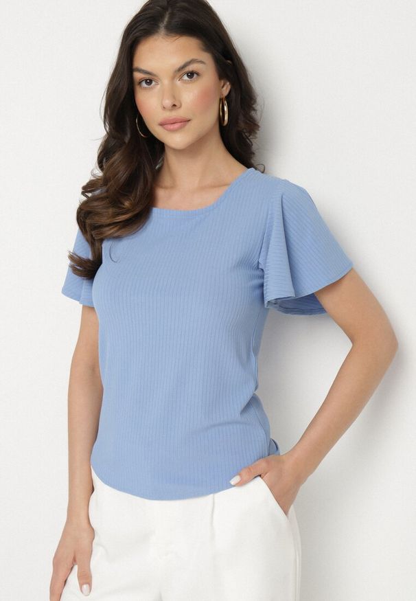 Born2be - Niebieska Bluzka Ozdobiona Szerokimi Rękawami Sunlisa. Okazja: na co dzień. Kolor: niebieski. Materiał: jeans. Wzór: aplikacja. Styl: klasyczny, casual