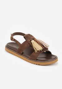 Renee - Ciemnobrązowe Sandały VICES z Frędzlami w Stylu Boho Wind. Okazja: na spacer. Zapięcie: sprzączka. Kolor: brązowy. Materiał: jeans, len. Styl: boho #6