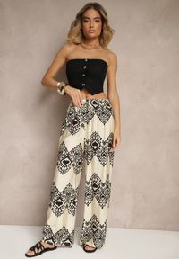 Renee - Czarne Spodnie z Wiskozy o Szerokim Kroju High Waist ze Wzorem Boho Neolissea. Okazja: na co dzień, na spacer. Stan: podwyższony. Kolor: czarny. Materiał: wiskoza. Sezon: lato. Styl: boho